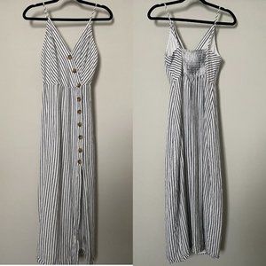 URBAN OUTFITTER Linen Blend Asymmetrical Striped Button Down Midi Dress - M